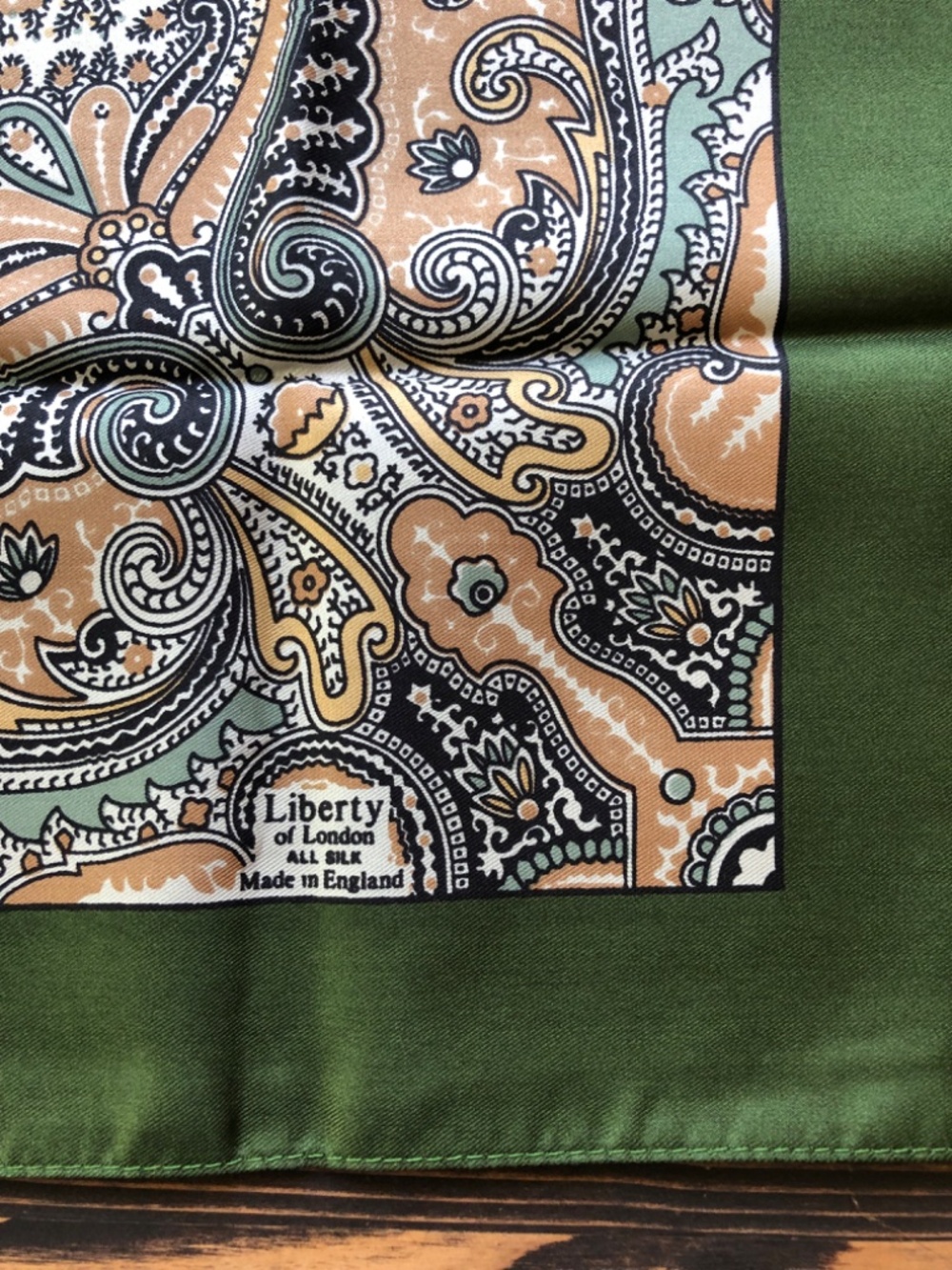 Green Cream Silk Scarf 17 Inches Square by London of Liberty - Picture 2 of 12